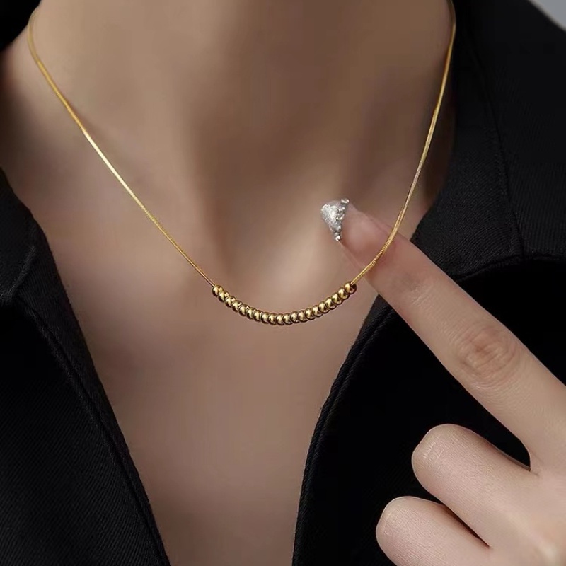 2022 Kalung Rantai Manik-Manik Bulat Bahan Titanium Steel Warna Emas Untuk Hadiah