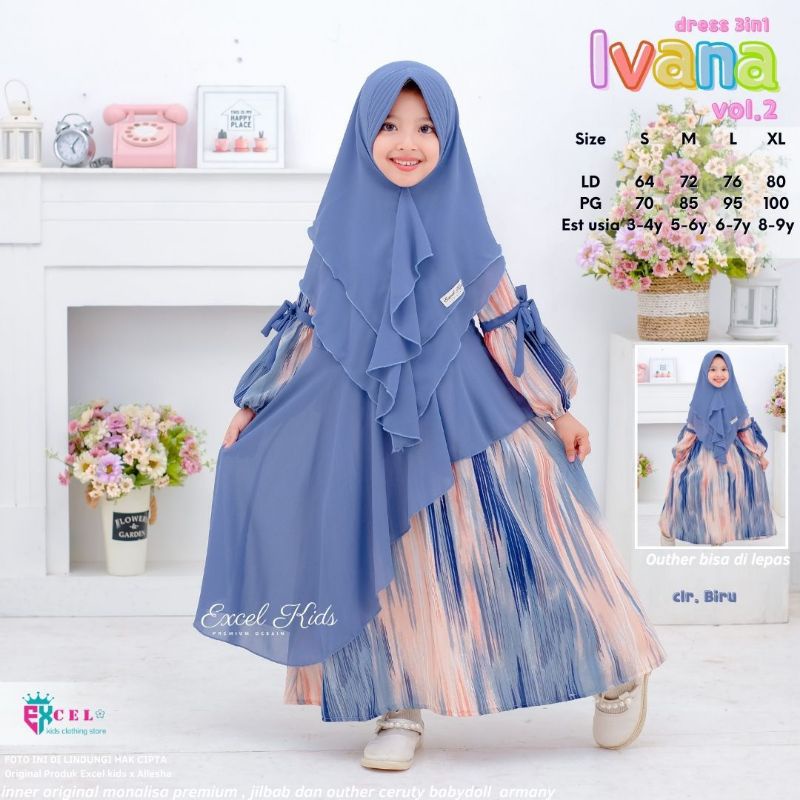 IVANA DRESS 3in1 ORI EXCEL KIDS | Dress+Outer+Khimar Anak