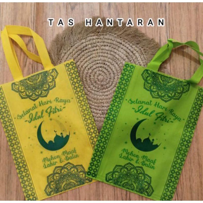 tas kain / tote bag hantaran  lebaran idul fitri satu pack  isi 12 pcs gambar dua sisi ukuran 30x40