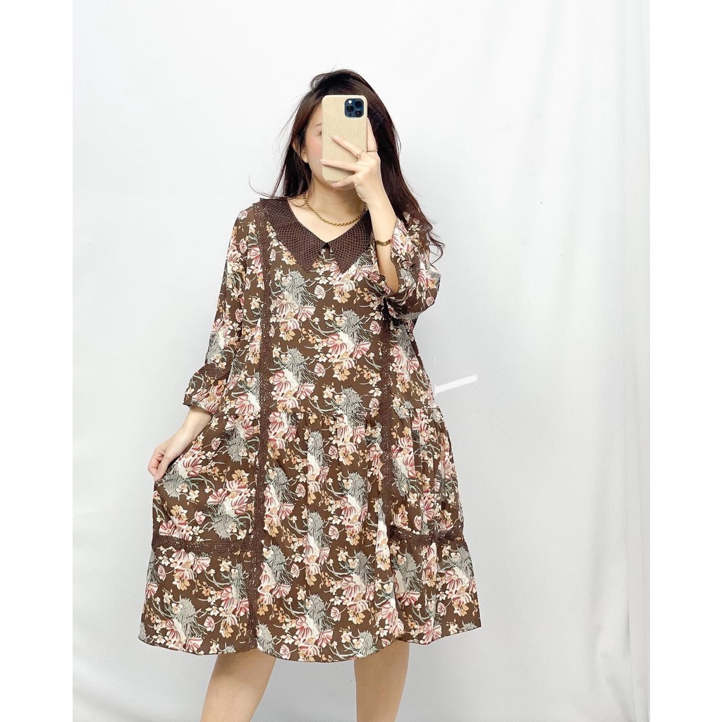 Dress Carolien Mini Dress Korean Style Motif Bunga Lengan Panjang