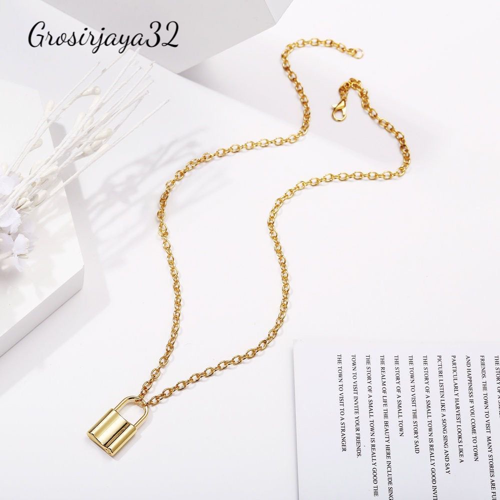 Kalung Rantai Liontin Gembok Boho Bahan Stainless Steel Untuk Wanita