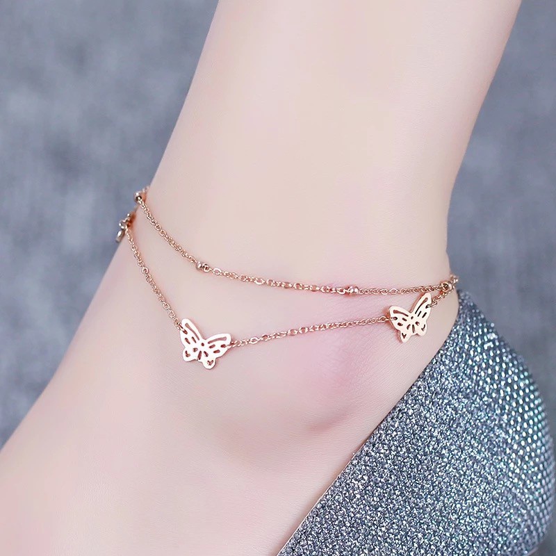 Gelang Kaki Bahan Stainless Steel Lapis Ganda Aksen Kupu-Kupu Warna-Warni Untuk Wanita Butterfly