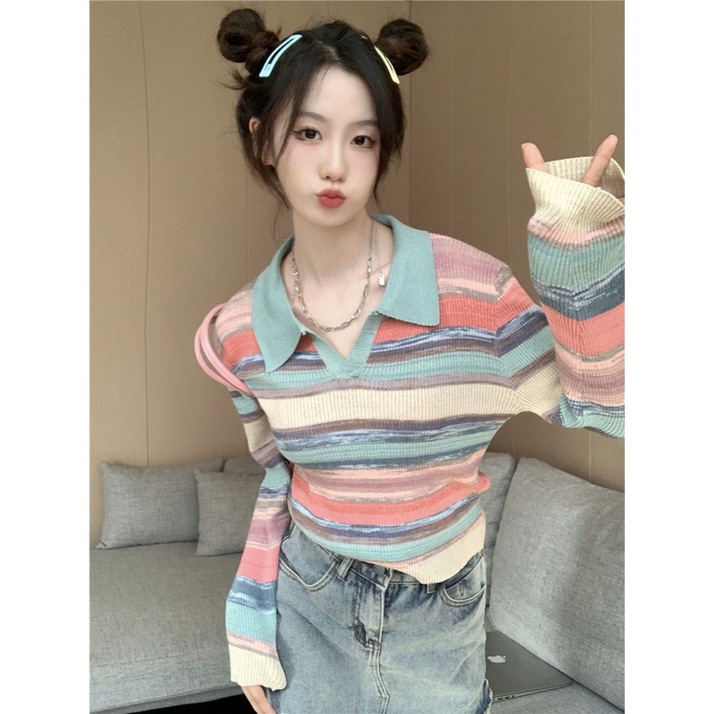 YIU YIU Rajut - Korean Crop Top Lengan Panjang Causal Style Stripe Top V-neck Baju Inner Rajut