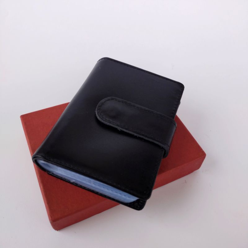 Card Holder Dompet kartu Kancing Polos Bahan Kulit Asli