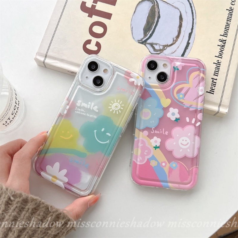 IPHONE Ins Korea Shockproof Airbag Case Kompatibel Untuk Iphone11 14 13 12 Pro Max7 8 6 6S Plus XR X XS MAX Senyum Lucu Segar Cat Air Bunga Awan Cinta Hati Lembut TPU Penutup Belakang