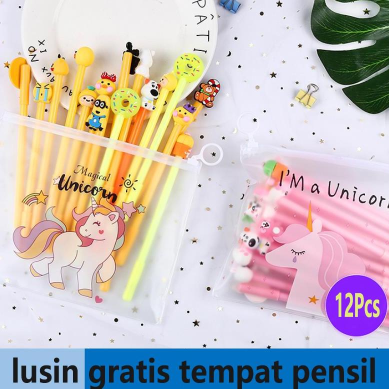 

12.12 Terlaris COD 1 SET PULPEN GEL MOTIF FREE TEMPAT PENSIL TRANSPARAN UNICORN PP28 !!