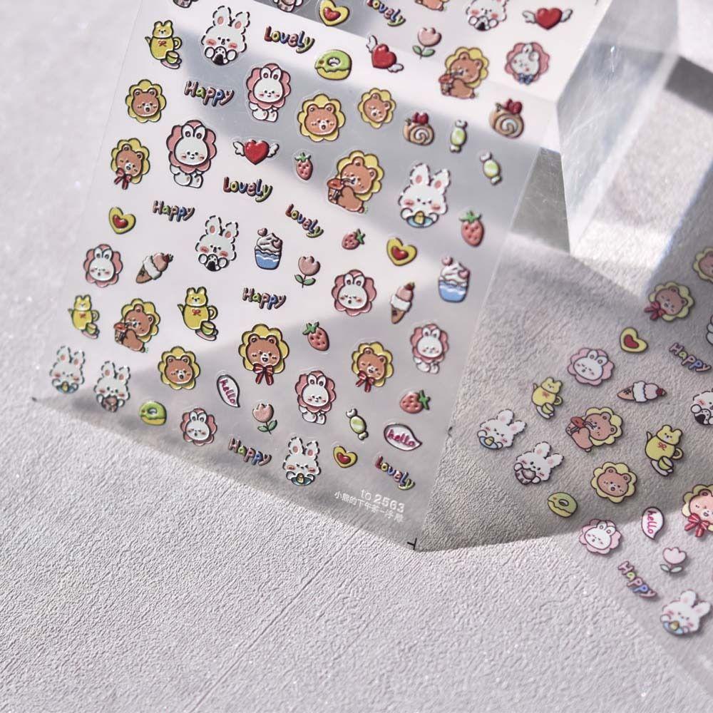 AUGUSTINA Agustina Kartun Stiker Kuku Wanita 5D Relief Manikur Aksesoris Bunga Perekat Diri Beruang Stiker Kuku