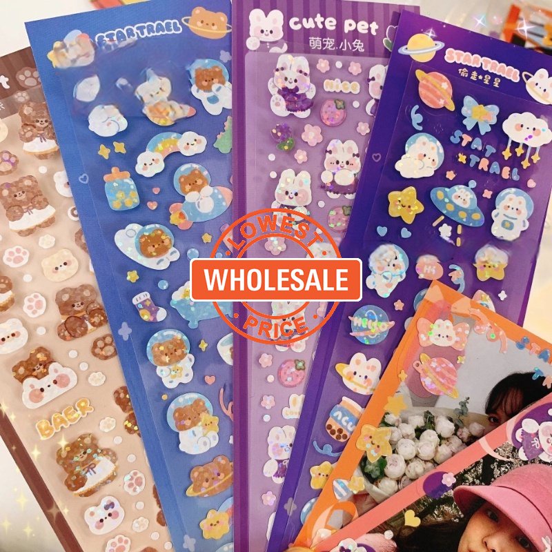 [Grosir] Lucu Kartun Beruang Kelinci Laser Stiker PVC Tahan Air Glitter Stiker DIY Scrapbooking Goo Kartu Buku Pegangan Bahan Stiker Dekoratif