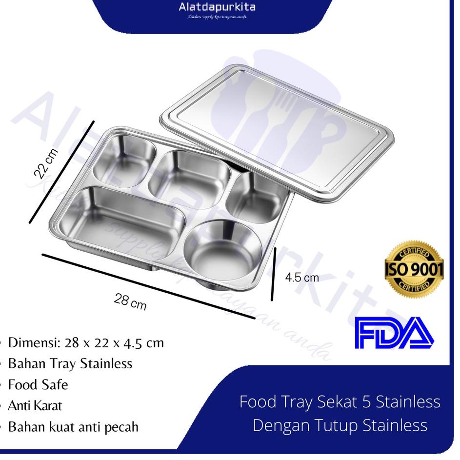 ❂ Food Tray Piring Stainless Steel Lunch Box Set 5 Sekat Tebal Dengan Tutup Stenlis Tempat Makan Bek