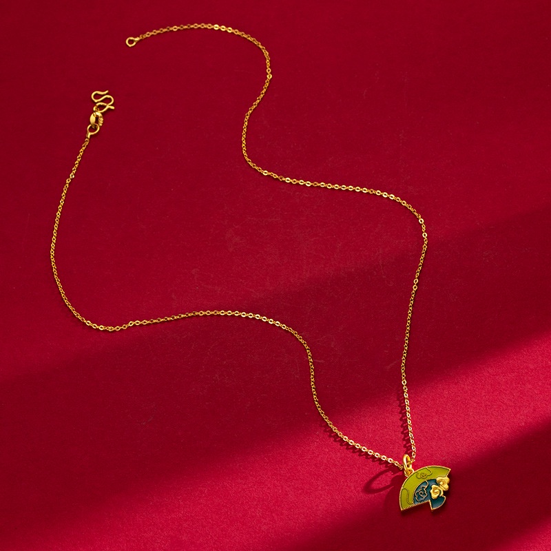 Goldkingdom Fashion Perhiasan 24 K Bangkok Aksesoris Ready Stock Gaya Kuno Membakar Biru Kipas Lipat Liontin Perempuan Lukisan Minyak Kipas Kecil Kalung Liontin