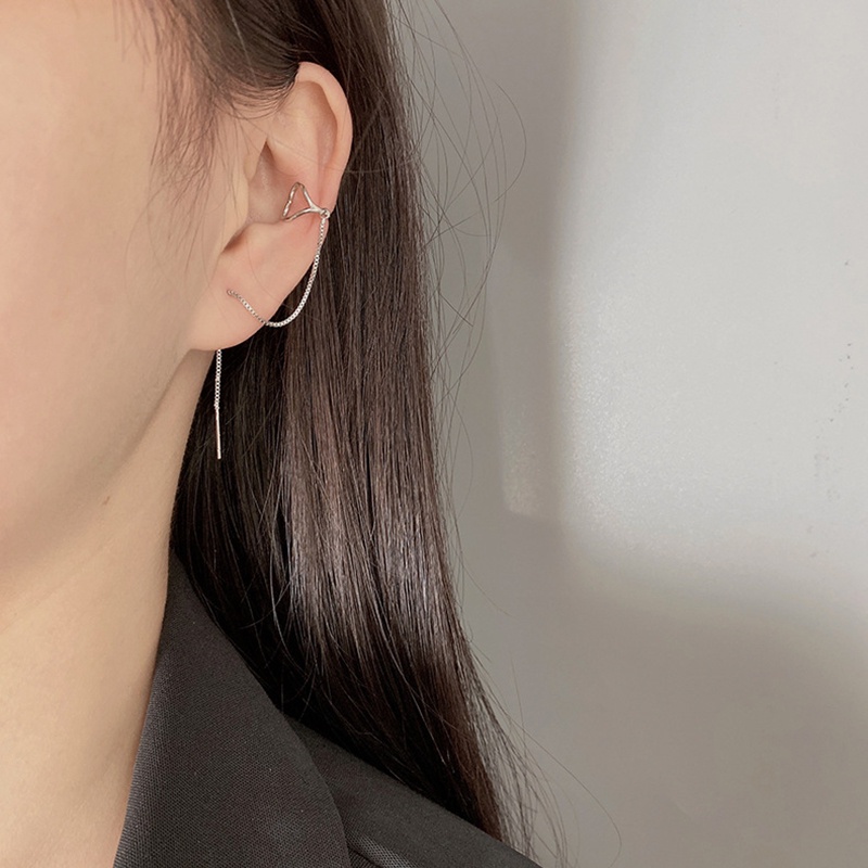 Anting Klip Telinga Hati Sederhana Rantai Warna Perak Menjuntai Earrings Woman Lady Fashion Pesta Perhiasan Hadiah