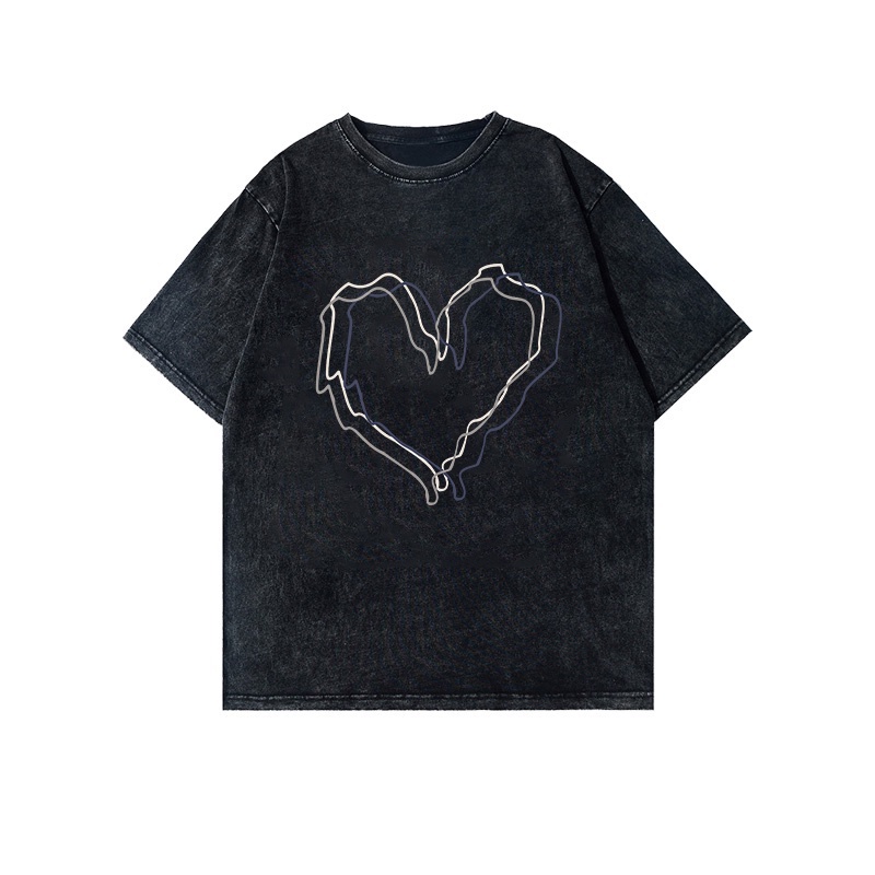 XIAOZHAINV Korean Style Heart Pattern Washed Printing Kaos Wanita