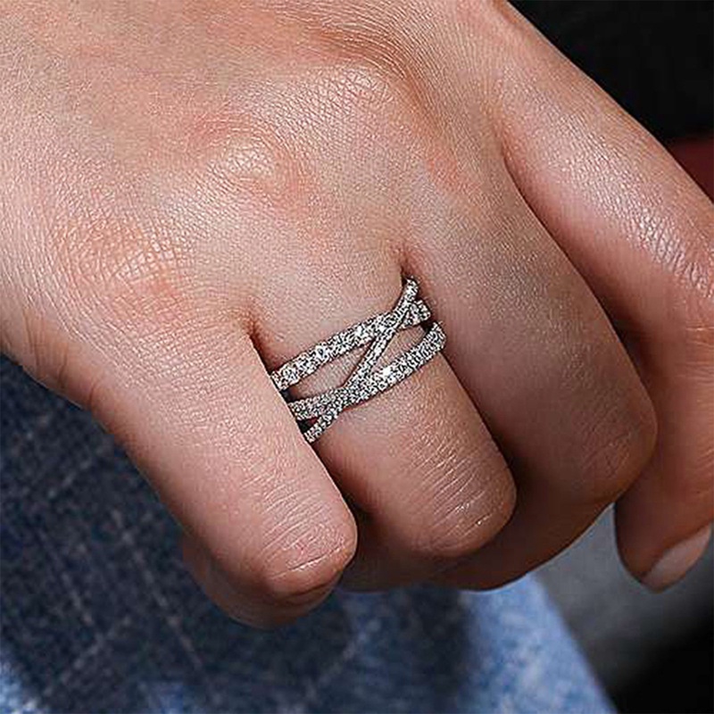 Cincin Kawin Desain Silang Twist Sederhana Untuk Wanita Penuh Paved CZ Batu Indah Perempuan Jari-Cincin Pernyataan Perhiasan Panas
