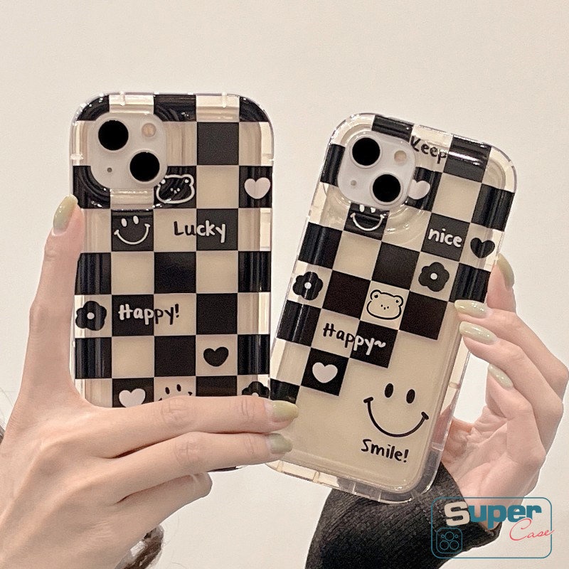 Ins Kotak-Kotak Lucu Smiley Pasangan Ponsel Casing Untuk Redmi 12C 10C 9 10 A1 9A 9T 10A 9C NFC Note9 10s 11 11s Note8 POCO F4 Shockproof Anti Jatuh Airbag Transparan Lembut Tpu Cover