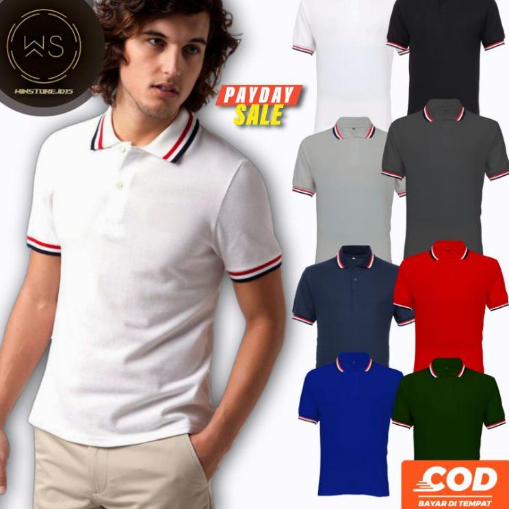 ✬ Kaos t-shirt polo 3 LIS  pria polos ukuran M , L , XL , XXL  Baju berkerah ◌