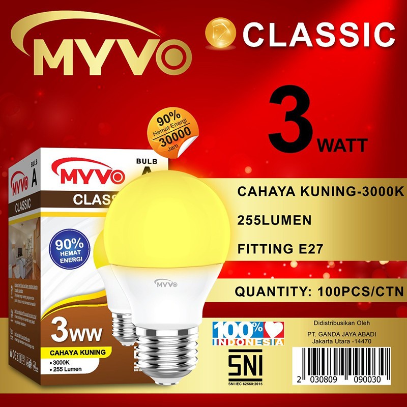 MYVO CLASSIC LAMPU LED BULB 3W CAHAYA KUNING WARM WHITE 3000K BERGARANSI 1 TAHUN