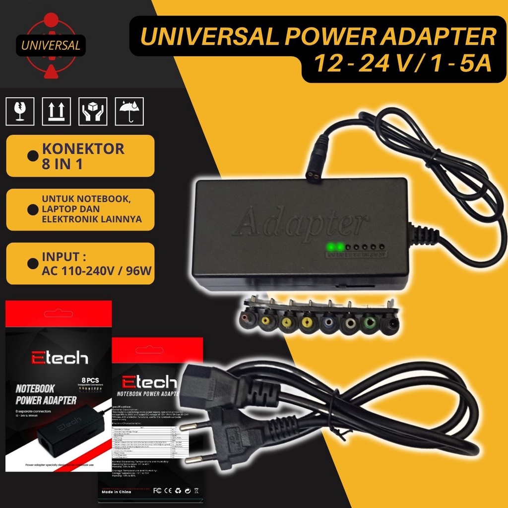 Power Adaptor Charger Universal DC 12V/15V/16V/18V/19V/20V/24V 4-5A 96W untuk Laptop ASUS ACER DELL Lenovo Sony Toshiba