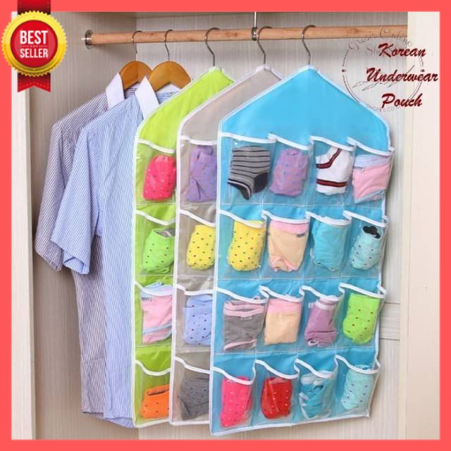 GOS -D208- Gantungan Tempat Penyimpanan Celana Dalam Kaos Kaki - Pouch Gantung CD 16 Saku