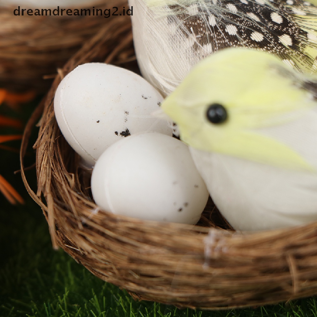 (dream) 1set Patung Burung Berbulu &amp; Sarang &amp; Telur Artificial Craft Kreatif.