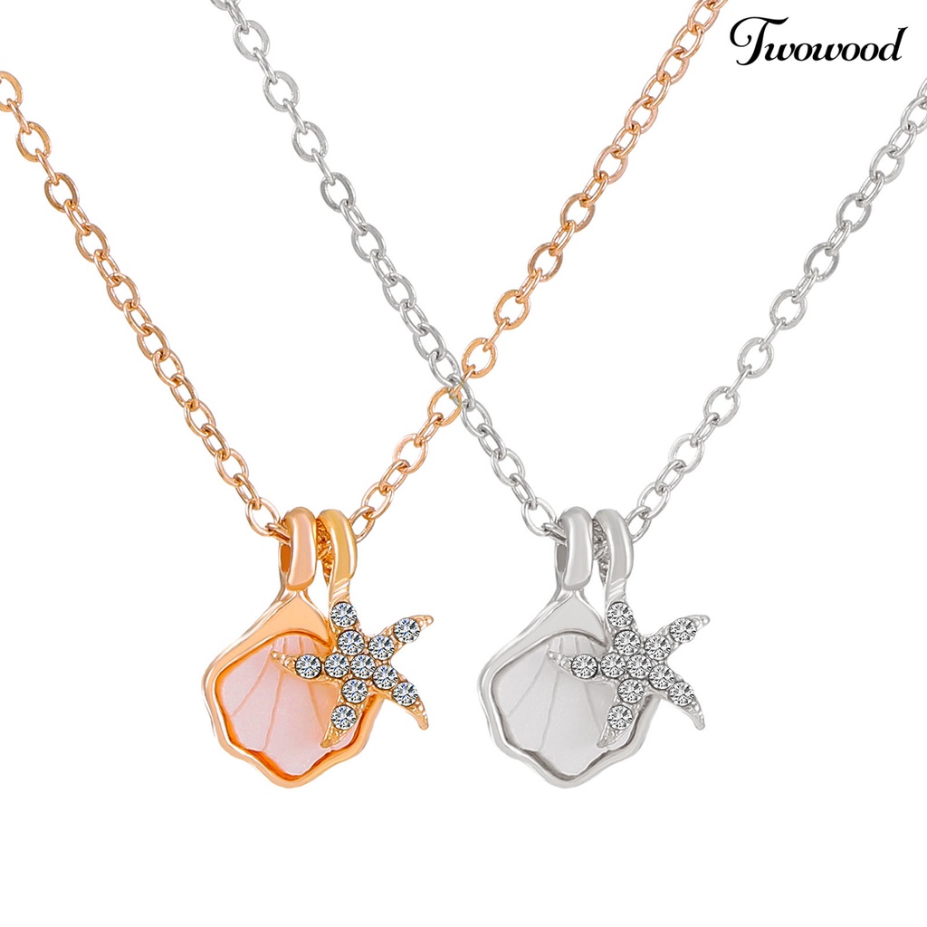 Twowood Wanita Sweater Kalung Bentuk Kerang Berlian Imitasi Dekorasi Berongga Keluar Warna Solid Dilapisi Pakaian Cocok Alloy Bintang Laut Wanita Kalung Pesta Perhiasan