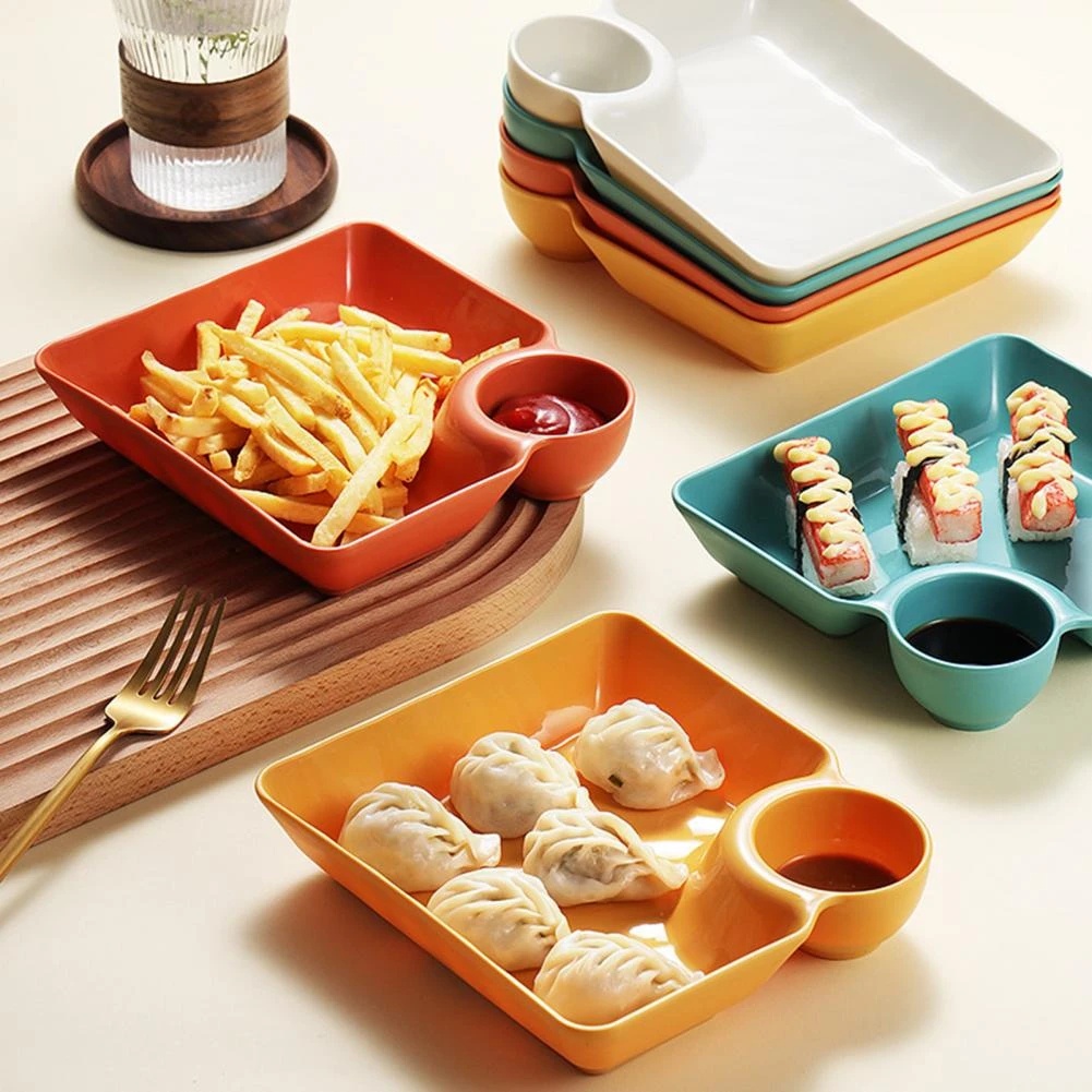 Non-slip Dipping Saucer Sushi Dish Premium Dumpling Plate with Dipping Saucer Lucu Persegi Dumplings Piring Saji Peralatan Makan Dapur Dessert Fruit Plate Gyoza Tray Alat Makan