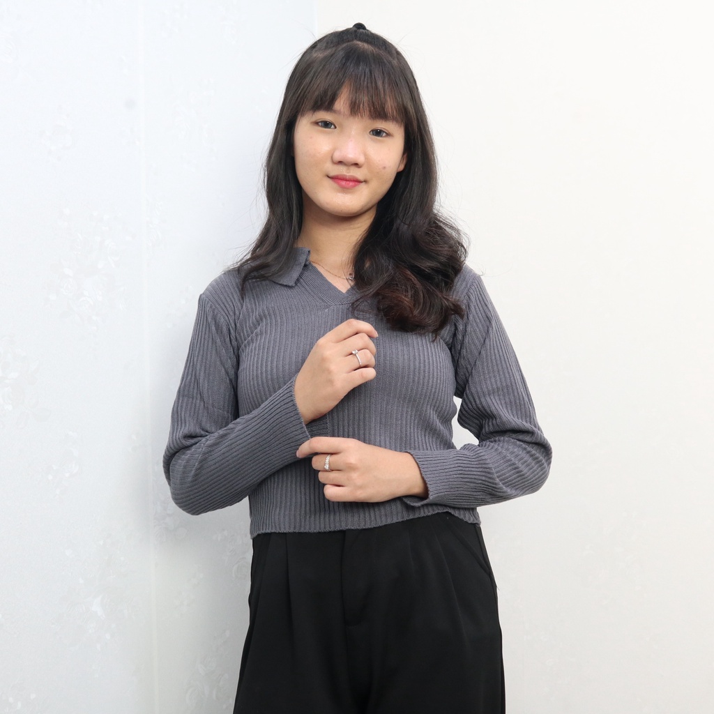 Crop Lola Knit kerah Rajut Lengan Panjang wanita