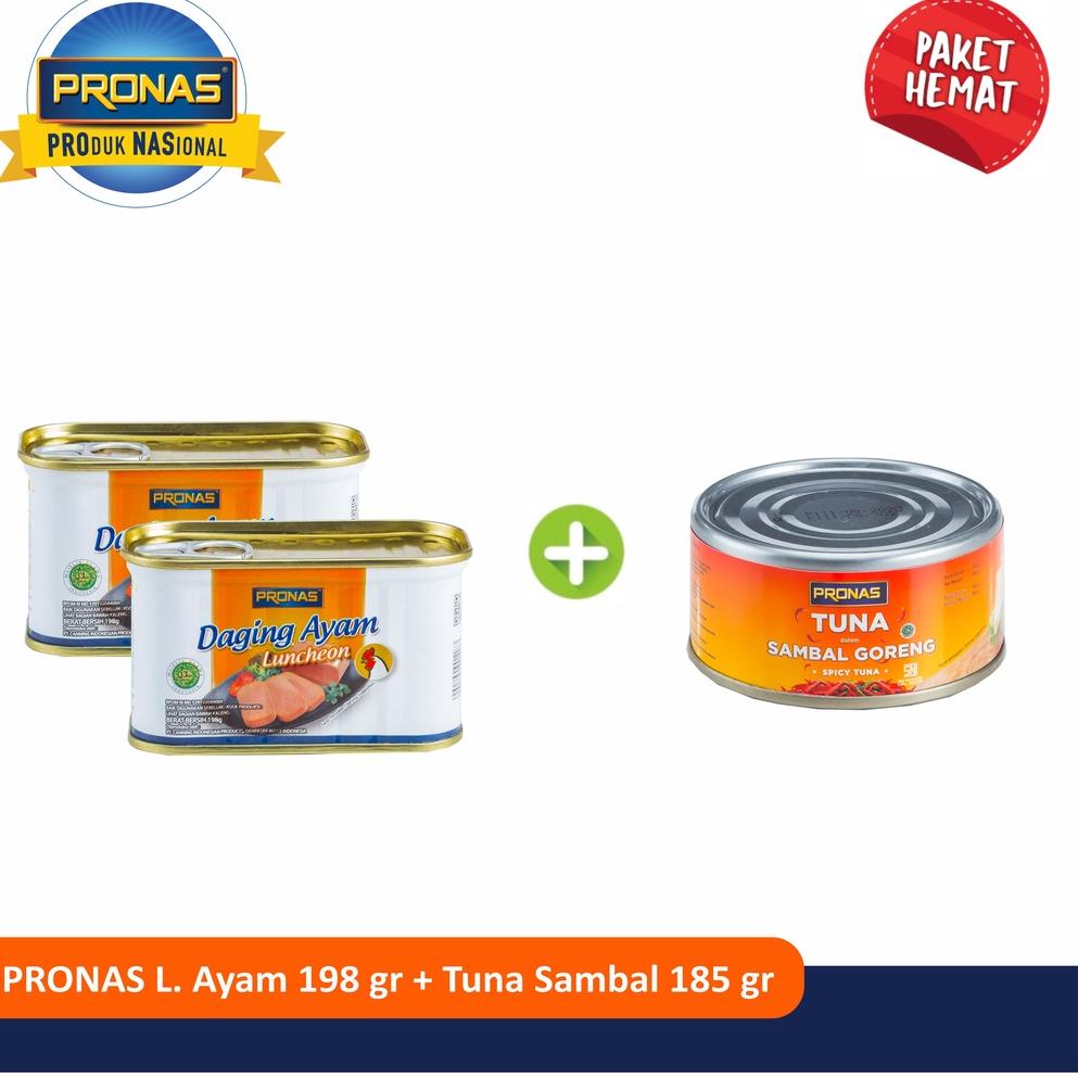 

F⚡ASH Mall PRONAS Paket Chiken Luncheon 198g (2pcs) + Tuna Sambal 185g (1pcs) Stock Terbatas
