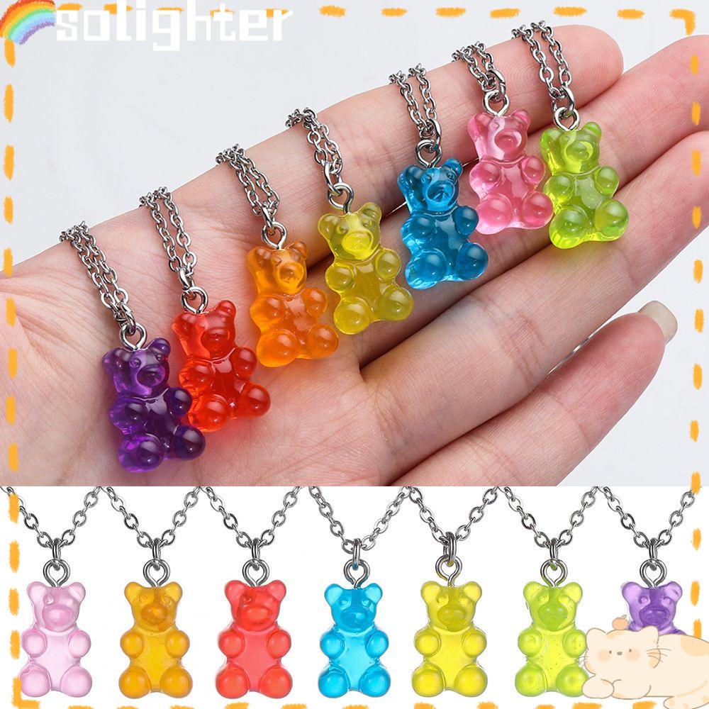 Solighter Resin Beruang Charms Gadis Hadiah Gelang Stanless Steel Rantai Beruang Liontin