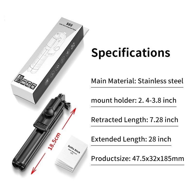 Tongsis S03 All in 1 tongsis tripod bluetooth 360 derajat tongsis tripod wireless remote tripod selfie stick AH047 - XOBOX