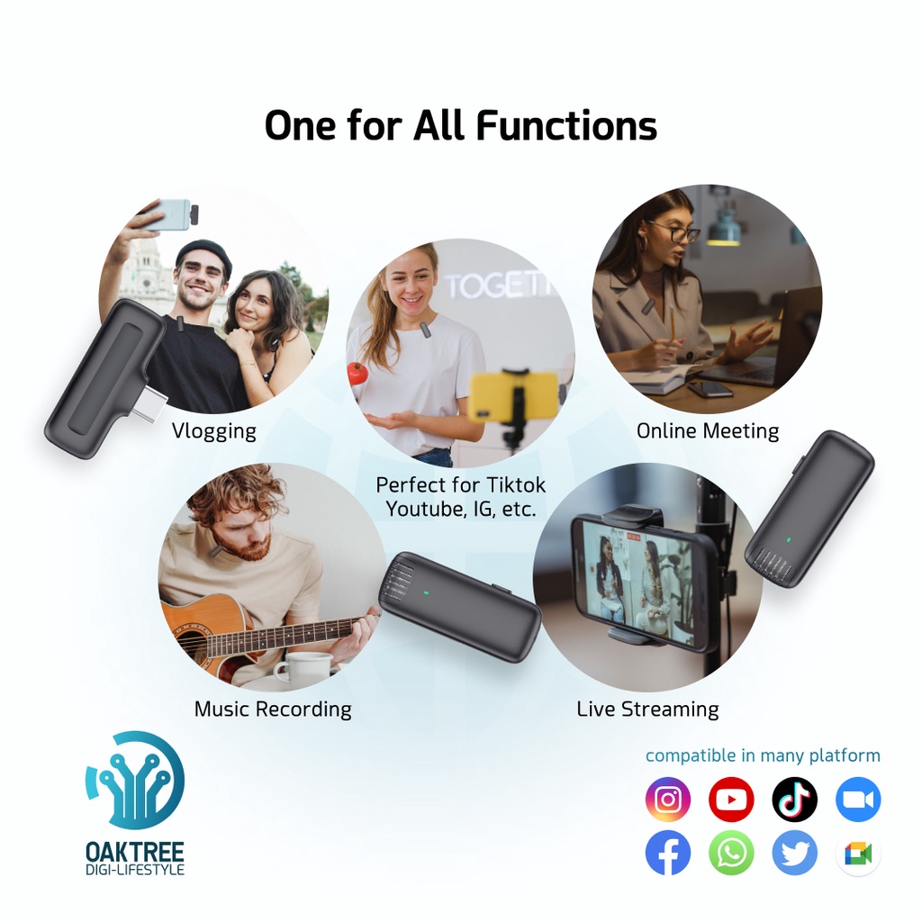 Oaktree Dual Mic Wireless HP Vlog Youtuber Portable Microphone Mic Clip On Wireless USB With Charging Case PC Laptop Zoom Webinar Podcast Teleconference Meeting