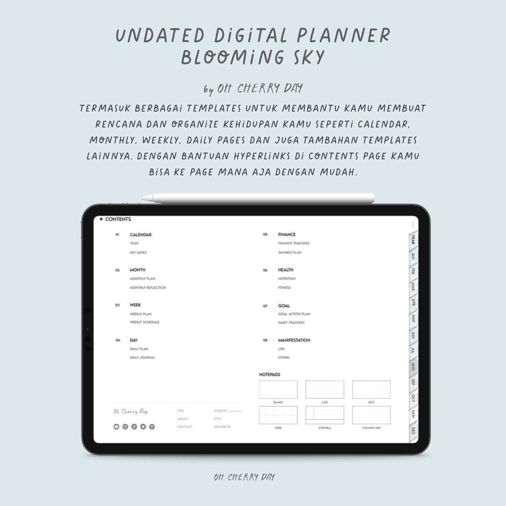 Undated Blue Digital Planner untuk iPad/Tablet Digital Bujo Bullet Journal Notebook Cute Minimalist Planner Digital Stickers - Blooming Sky