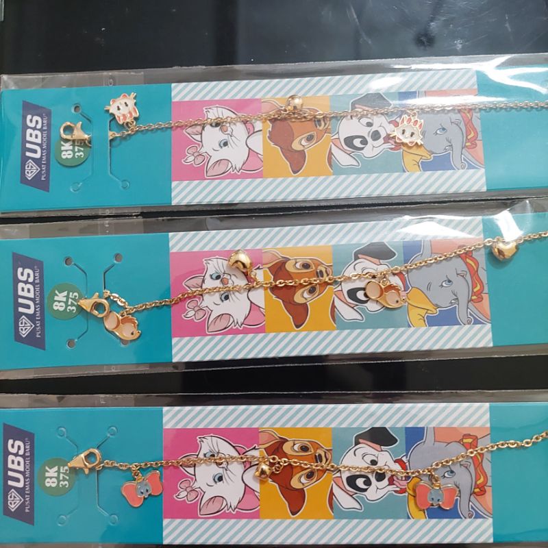 Kalung, gelang, anting, liontin anak Marie, Bambi, Dumbo Disney UBS kadar 8K 375 dan 9K 420