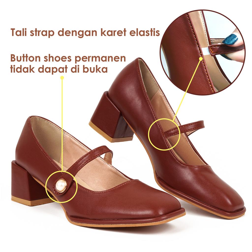 FINDAL Sepatu Heels Wanita 5cm Mary Jane Shoes Kasual Block Hils Kekinian KI-011