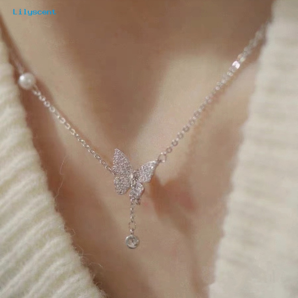 [LS] Kalung Rumbai High-end Kupu-Kupu Mutiara Imitasi Cahaya Mewah Cubic Zirconia Leher Ornamen Temperamen Shiny Panjang Liontin Klavikula Kalung Perhiasan Aksesori