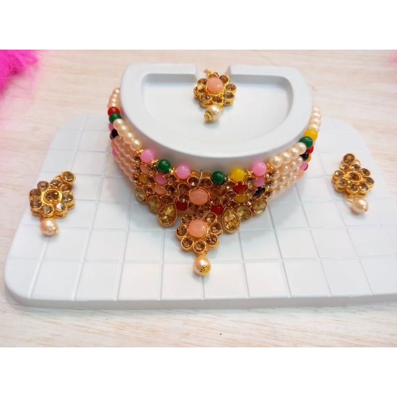 PROMO Termurah Kalung Set Anting Mangtika Tika Set Perhiasan Pesta India Choker Set Aruhi Depika Gop