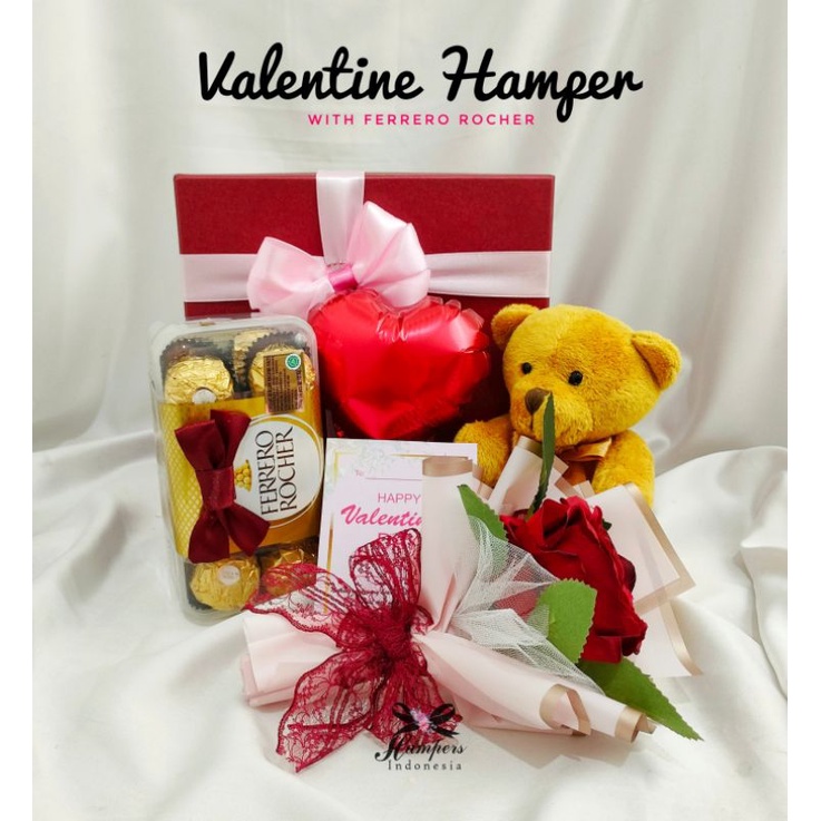 HAMPERS KADO VALENTINE ANNIVERSARY - Buket bunga bear coklat ferrero rocher balon love