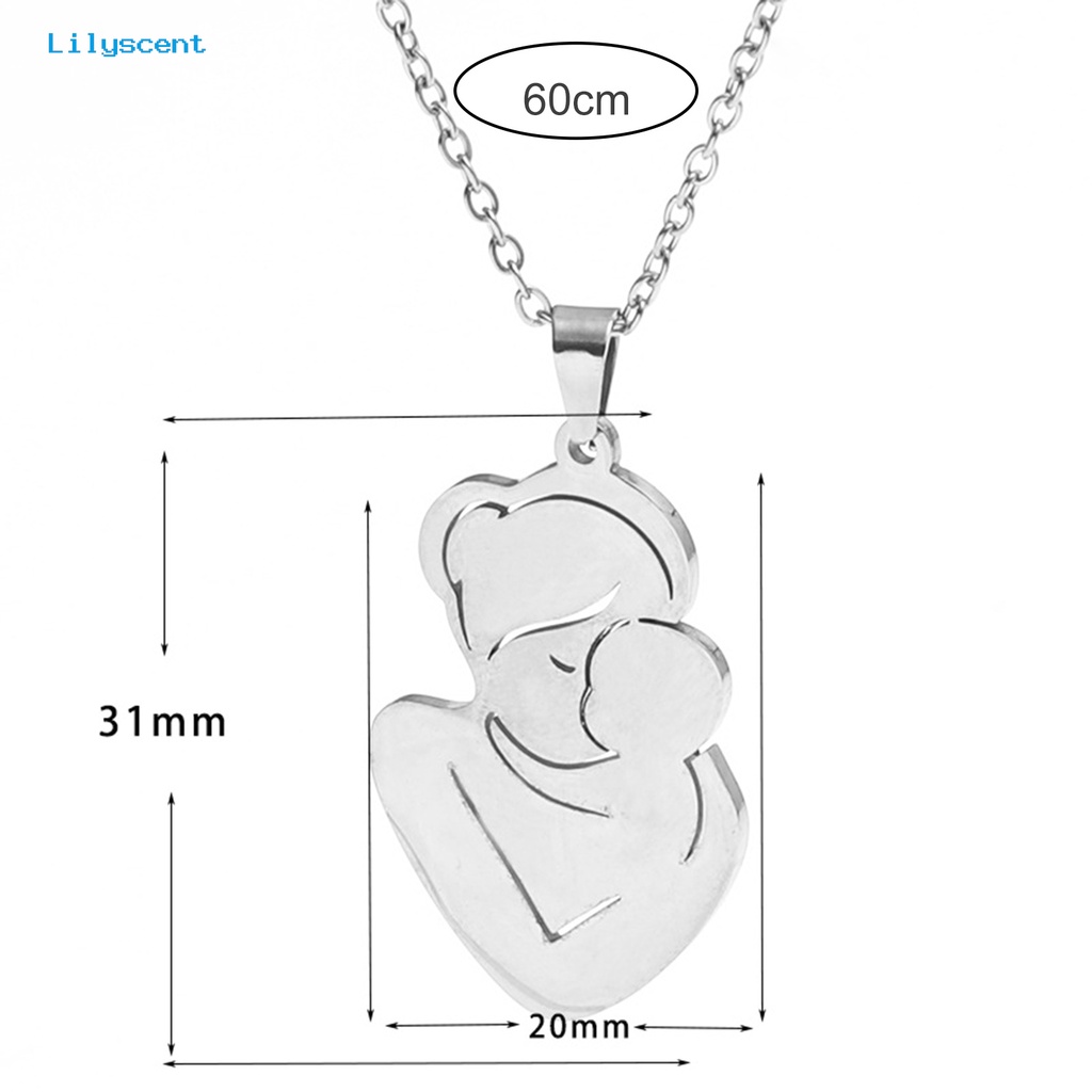 [LS] Wanita Kalung Warna Perak Ukiran Hadiah Hari Ibu Baja Titanium Ibu Anak Peluk Liontin Kalung Persediaan Festival