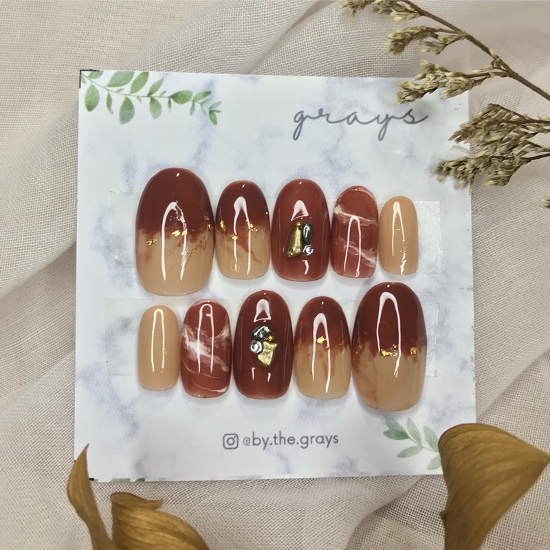fake nails custom pressed on nails kuku palsu almond short oval round kuku wedding nail art coklat n