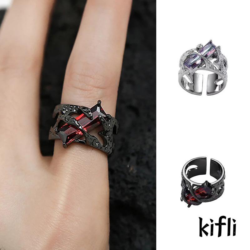 [KD] Tekstur Berongga Desain Asli Kepribadian Perempuan Punk Retro Merah Geometris Cincin Logam Cincin