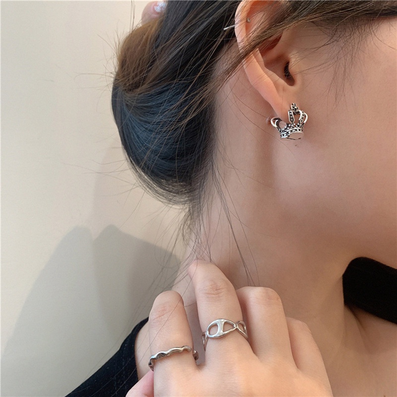 Vintage925 Sterling Silver Salib Berongga Mahkota Hoop Stud Earrings Gesper Untuk Wanita Lucu Perhiasan Halus