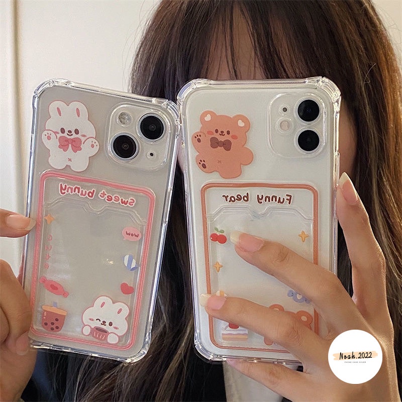 IPHONE Kartun Lucu Beruang Transparan Case Kompatibel Untuk Iphone13 12 11 14 Pro Max7 8 6 6s Plus XR XS Max X SE 2020 Sweet Bunny Card Holder Dompet Slot Shockproof TPU Cover Soft Case