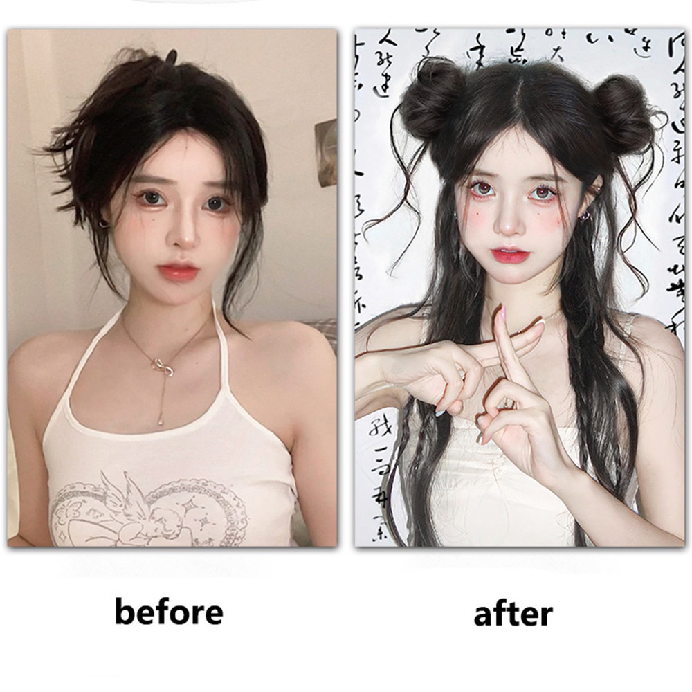 1pasang Y2K Rumbai Fluffy Round Bun Wig Untuk Gadis Manis Muda Wanita Kepala Bola Ganda Aksesoris Rambut