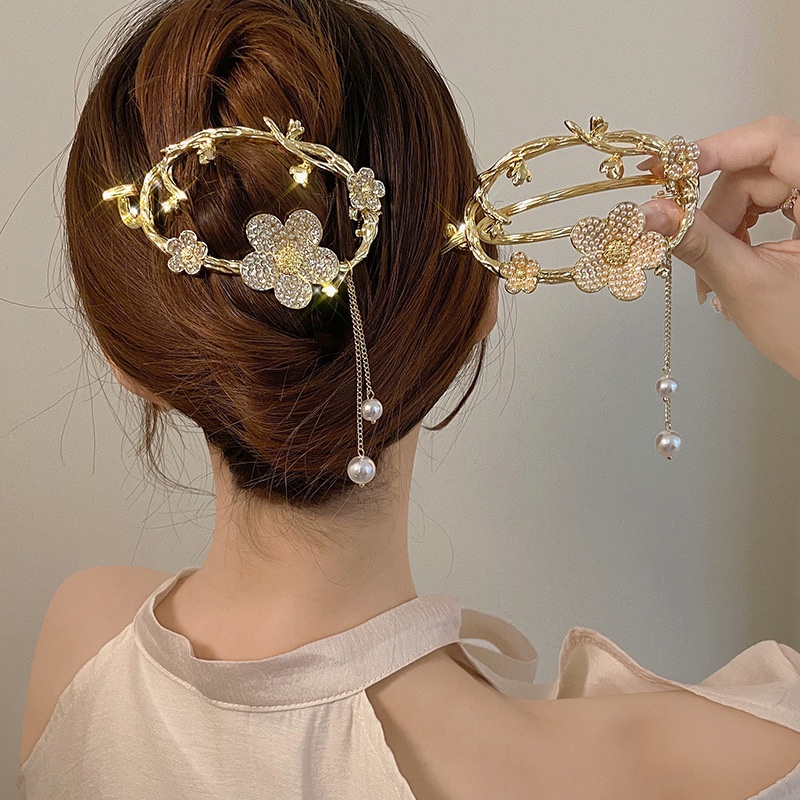 Gaya Cina Kembali Kepala Sendok Lilit Rambut Jepit Rambut Bunga Mutiara Rumbai Liontin Jepit Rambut Fashion Elegan Wanita Ponytail Holder Aksesoris Rambut Berlian Imitasi Logam Twist Klip Vintage