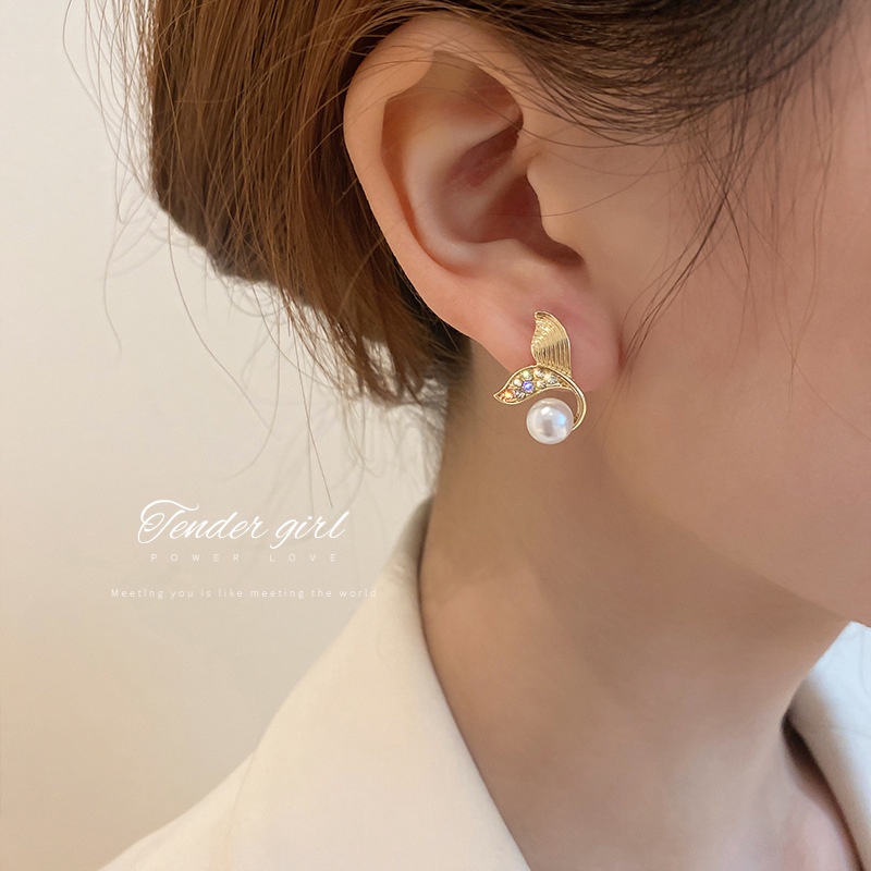 Baru Mermaid Fishtail Mutiara S925 Perak Disepuh Earring Ear Studs Untuk Gadis Manis