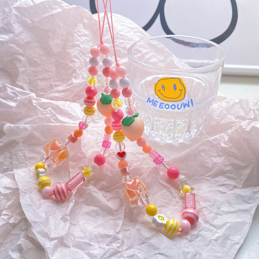 Ins Lucu Peach Rantai Ponsel Anti Hilang Lembut Tembikar Tali Tali Tali Lanyard Manik-Manik Akrilik Warna-Warni Kasus Ponsel Kabel Gantung