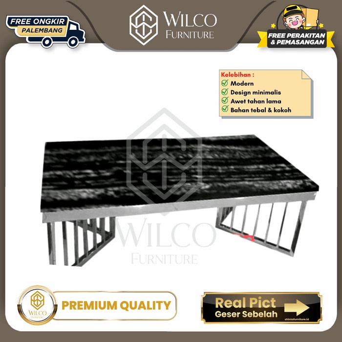 Meja Marmer Hitam Kaki Stainless / Meja Tamu Marmer Mewah Furnitur PLG