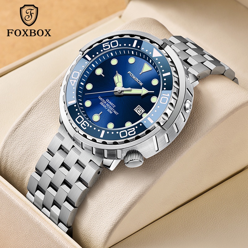 Foxbox jam tangan pria terbaru original stainless steel anti air kalender kuarsa jam tangan + kotak