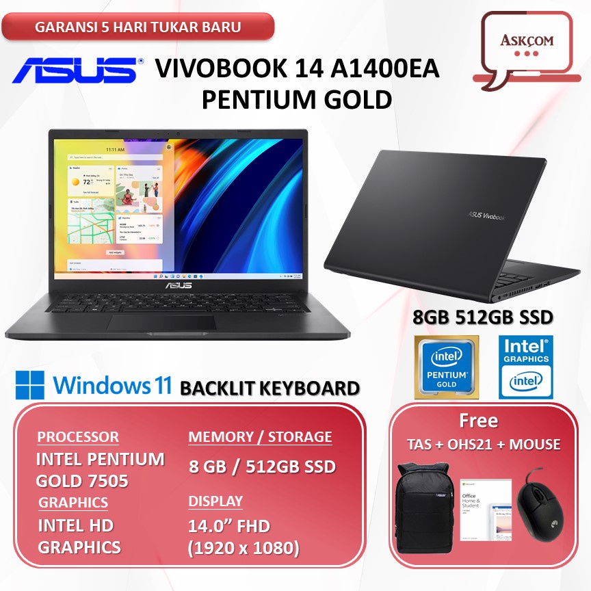 Laptop Asus VivoBook 14 A1400EA-FHD7523 PENTIUM GOLD 7505 RAM 8GB 512GB SSD OHS 14.0FHD Bcklit Windows11