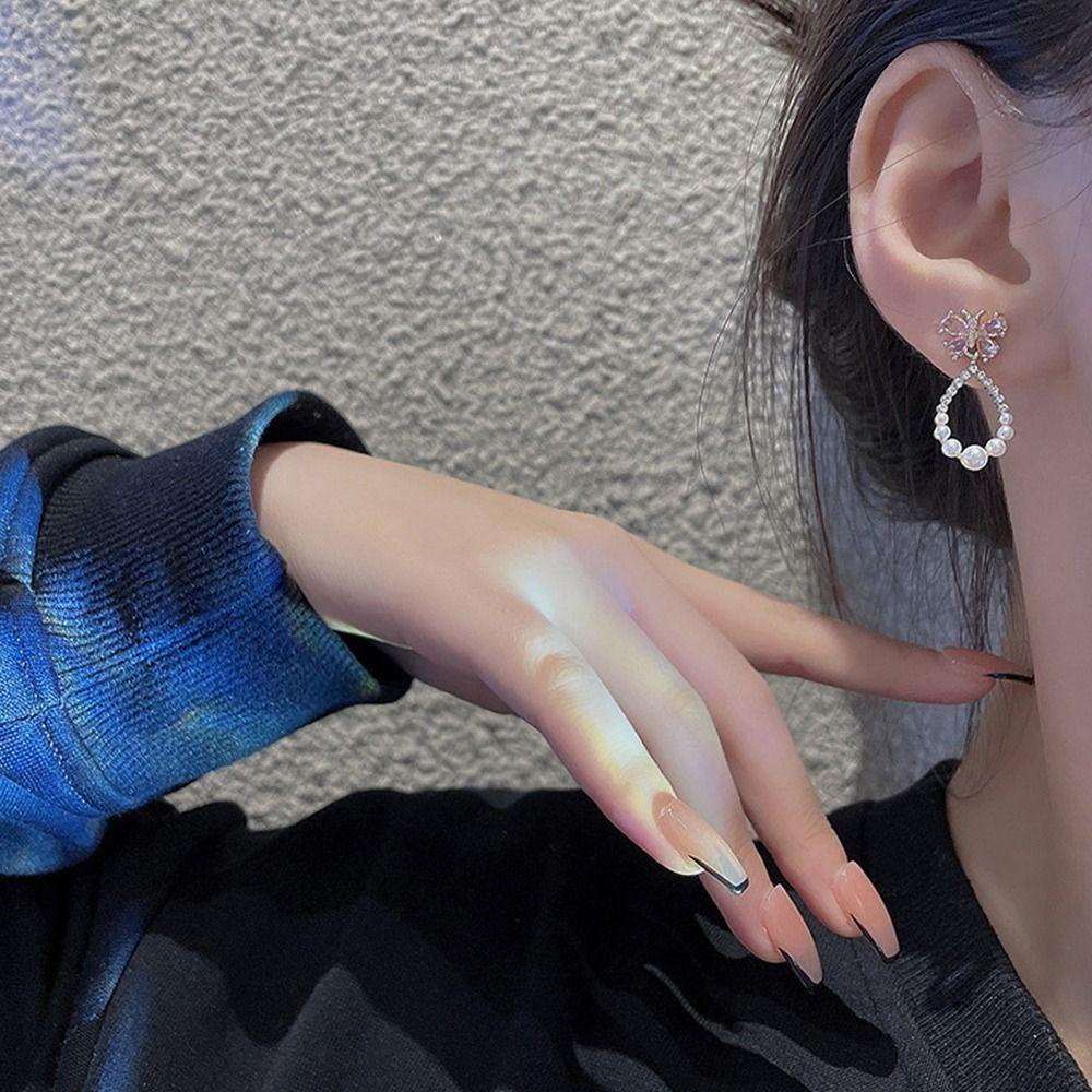 MXBEAUTY Wanita Anting Pesona Manis Indah Mutiara Perhiasan Fashion Niche Desain Gadis Hadiah Temperamen Zirkon Gaya Korea Menjuntai Earrings