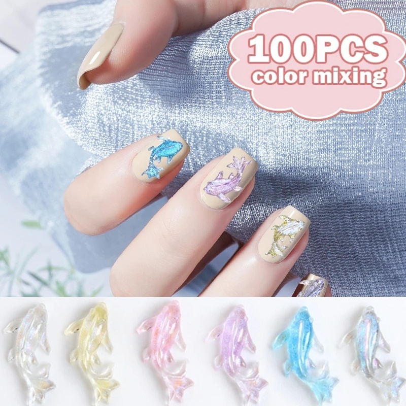 100pcs/bag 3D Resin Glitter Kristal Aurora Warna Ikan Mas Manicure Ornamen Kawaii Transparan DIY Nail Art Dekorasi Aksesoris